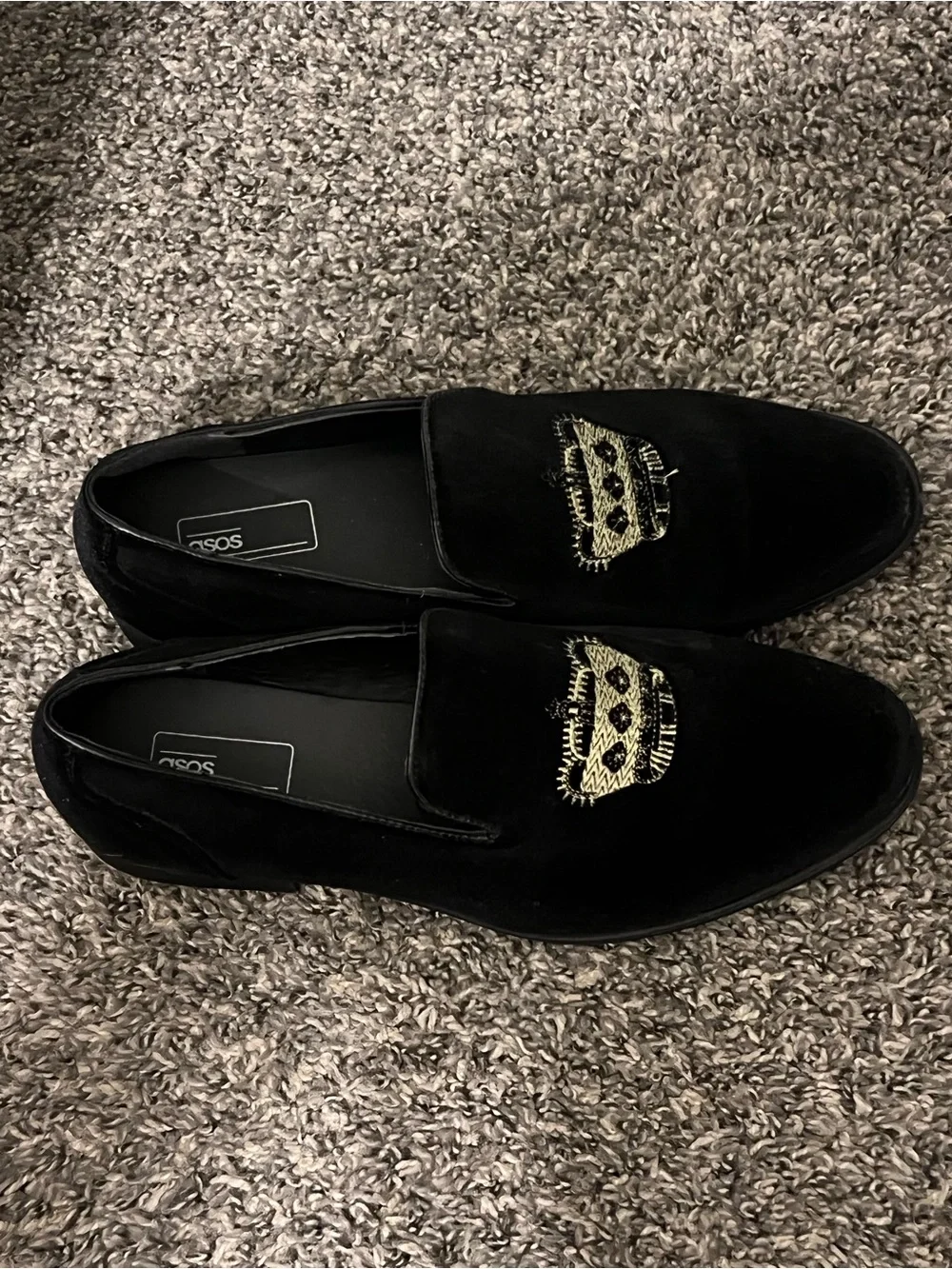 ASOS Black Velvet Loafers with Gold Crown Embroidery